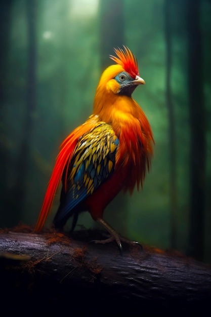 Uccello colorato seduto in cima al ramo di un albero nella foresta verde IA generativa