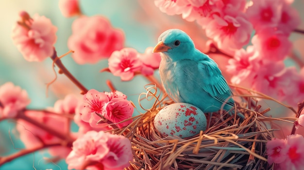 Uccello con uova pastel blu di Pasqua in un arrangiamento floreale