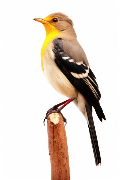 Uccello di bufaga dal becco giallo su sfondo bianco