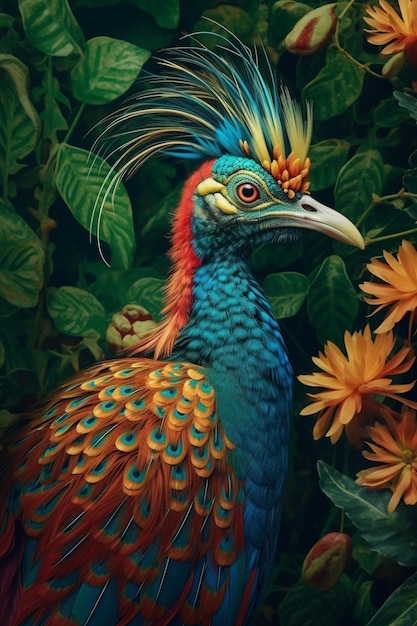 Uccello di colori vivaci con una testa blu brillante e piume arancione generativo ai