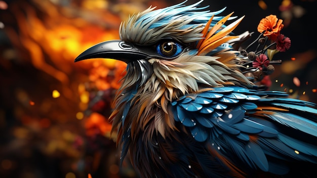 Uccello di fantasia con motivo colorato su sfondo scuro