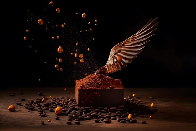 Uccello e pezzo di cioccolato fondente su cacao in polvere Rete neurale generata dall'intelligenza artificiale