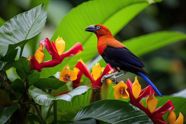 Uccello esotico appollaiato su un fiore circondato da una vegetazione lussureggiante creata con l'IA generativa