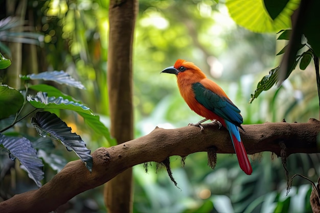 Uccello esotico appollaiato sul ramo di un albero con vista sul giardino tropicale creato con ai generativo