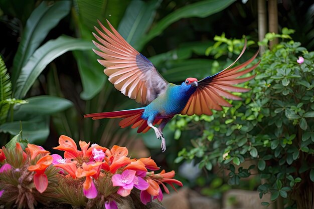 Uccello esotico che prende il volo da un lussureggiante giardino creato con l'intelligenza artificiale generativa