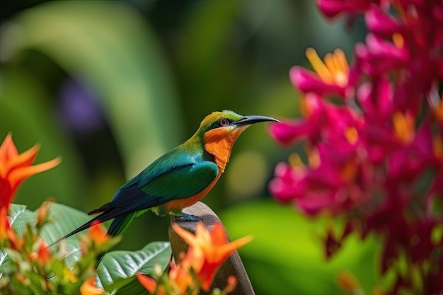 Uccello esotico su fiore colorato in un tranquillo giardino creato con intelligenza artificiale generativa