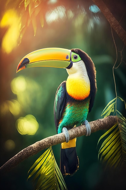 Uccello esotico tucano nella foresta tropicale animale luminoso nella giungla primo piano AI generativa