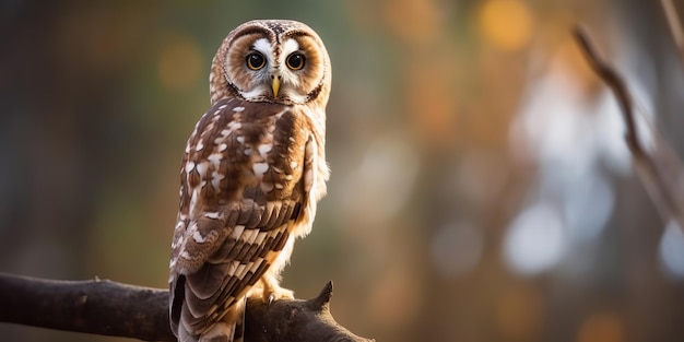 Uccello gufo seduto su un albero di banch Wil vita natura all'aperto foresta sfondo scena paesaggio