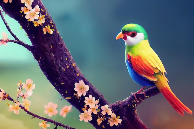 Uccello luminoso che si siede su un ramo di albero con l'illustrazione 3d delle piume verdi e gialle