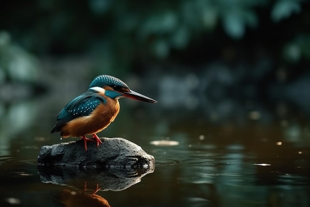 Uccello martin pescatore in cerca di pesce in piedi su un bastone sull'acqua Immagine generata da AI