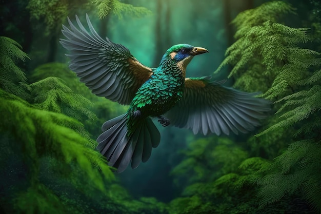 Uccello reale che si eleva sopra la lussureggiante foresta verde