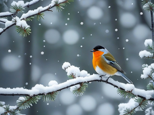 Uccello su un ramo nella foresta invernale Paesaggio invernale con neve