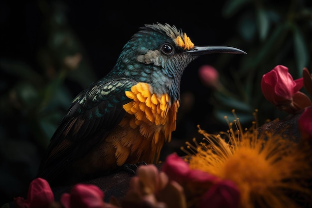 Uccello tropicale colorato e bellissimi fiori surreali IA generativa