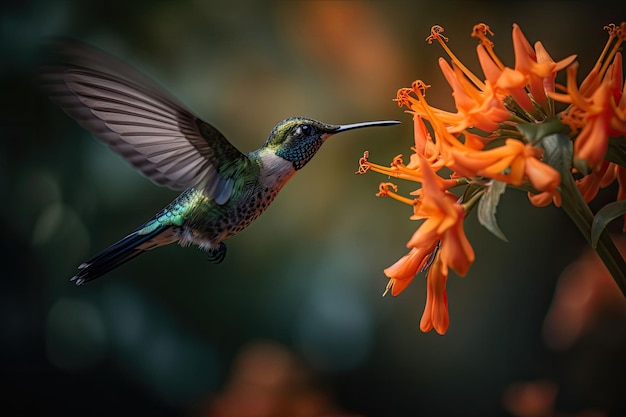 Uccello tropicale colorato e fiori surreali Il colibrì vola vicino al fiore IA generativa
