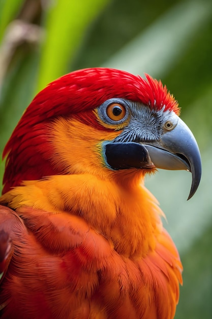 Uccello tropicale colorato nella giungla in una giornata di sole Illustrazione della foresta pluviale con bellissimo uccellino luminoso tra piante esotiche con grandi foglie Sfondo con paesaggio naturale incontaminato IA generativa