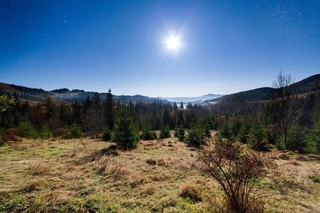 Ucraina montagne notte Luna e stelle con silhouette di montagna sotto la luna e le stelle sul cielo scuro