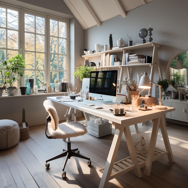 Ufficio a casa con una grande scrivania, una sedia confortevole e molta luce naturale
