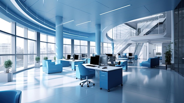 Ufficio blu Un moderno interno aziendale in toni blu con scrivania open space e architettura audace