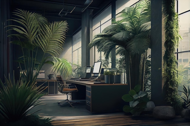 Ufficio con imponenti palme, felci e altre piante sullo sfondo creato con l'IA generativa