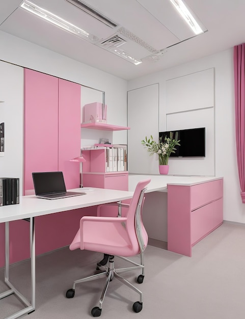 Ufficio con mobili moderni rosa e decorazione estetica contemporanea