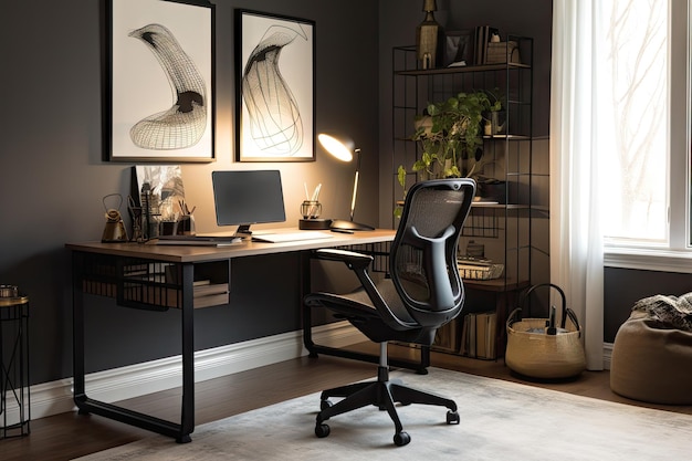 Ufficio con sedia ergonomica e illuminazione per uno spazio di lavoro produttivo creato con l'IA generativa
