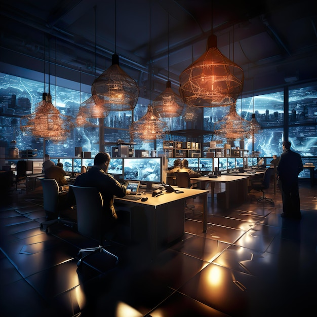 Ufficio di informatica digitale di prossima generazione Dipendenti impegnati nell'orario di lavoro Luce notturna Estetica