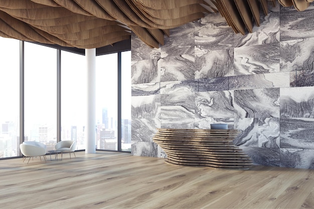 Ufficio di un'azienda internazionale con pareti in marmo grigio, un soffitto ondulato e un bancone della reception originale vicino a una finestra panoramica. Rendering 3d mock up