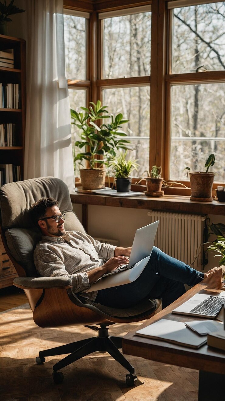 ufficio domestico accogliente con una persona sdraiata in una comoda sedia che lavora su un portatile circondato da ufficio e luce naturale che enfatizza il rilassamento e la produttività