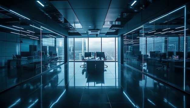 Ufficio futuristico con corridoi vuoti e puliti e apparecchiature di illuminazione luminose generate dall'intelligenza artificiale