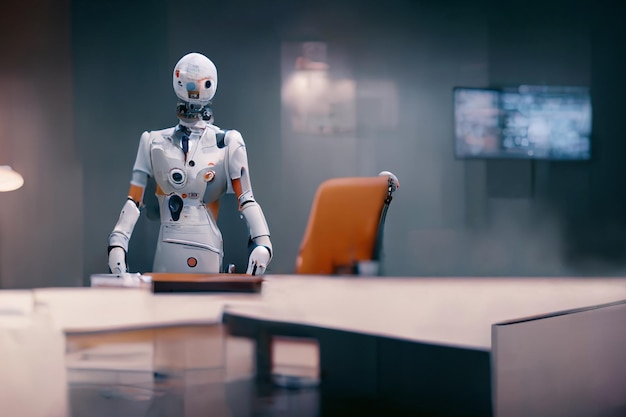 Ufficio futuristico con lavoratore manager robot Ai ha generato arte