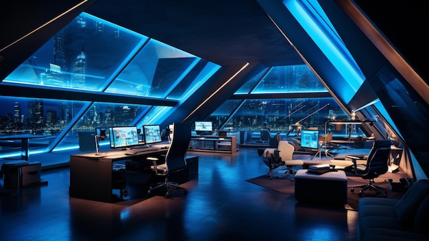 Ufficio futuristico illuminato da apparecchiature di illuminazione blu di notte