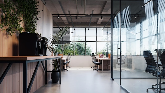 Ufficio in stile moderno con pavimento in cemento a vista e molte piante, rendering 3d