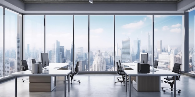 Ufficio moderno con finestra e vista sulla città interna luminosa Generative AI AIG18