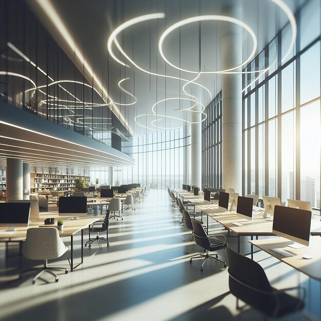 Ufficio moderno elegante con sfondo sfocato e abbondante luce