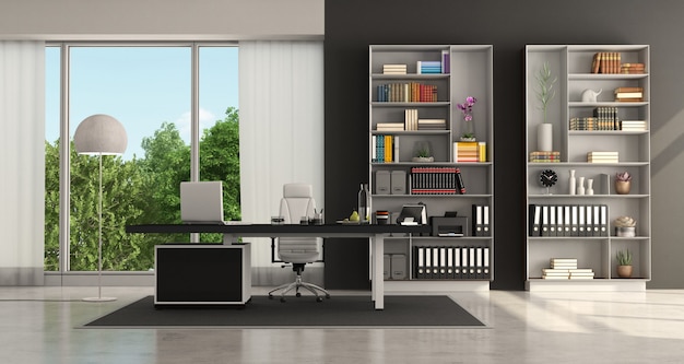 Ufficio moderno in bianco e nero con desktop e libreria - rendering 3d