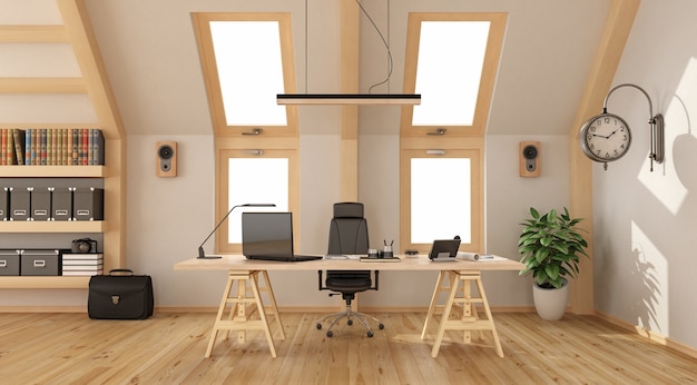 Ufficio moderno in mansarda con scrivania in legno, libreria e due finestre. Rendering 3D