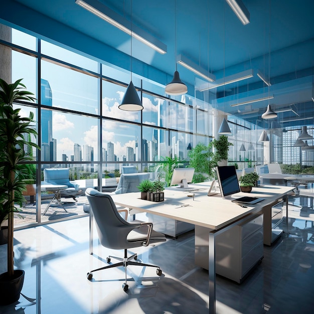 Ufficio pulito e luminoso nei toni del blu Sfondo professionale Illustrazione di alta qualità