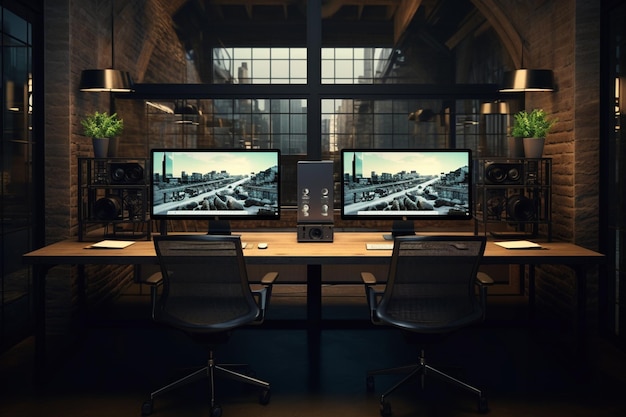 ufficio vuoto e moderno dell'agenzia creativa con configurazione a doppio monitor con elaborazione di film video