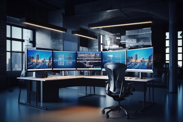 ufficio vuoto e moderno dell'agenzia creativa con configurazione a doppio monitor con elaborazione di film video