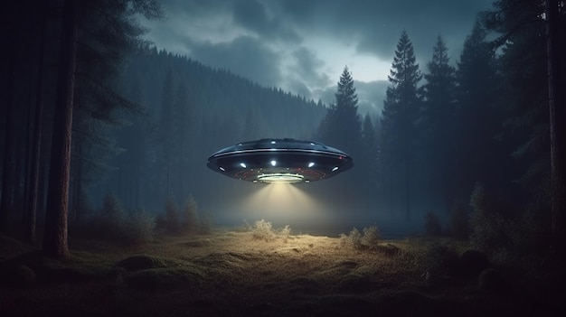 UFO che vola nella foresta oscura di nottegenerativo ai