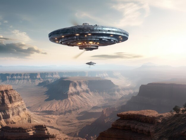 UFO che vola sopra una montagna rocciosa nel cielo ai generato