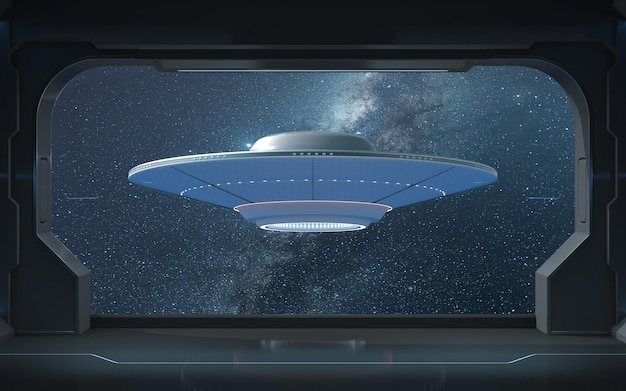 UFO dalla vista nel rendering 3d del veicolo spaziale