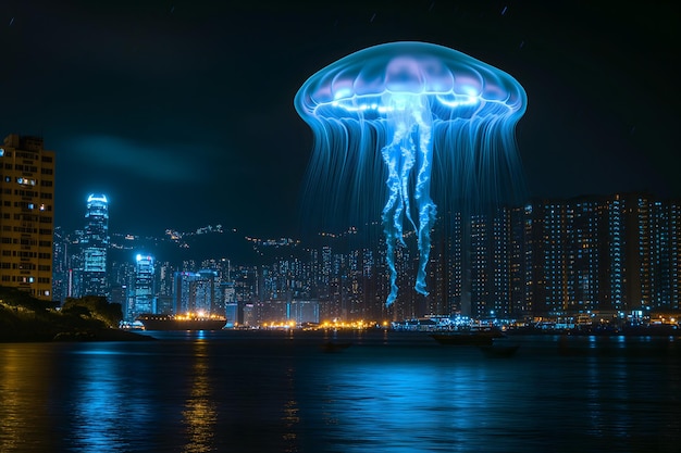 Ufo di medusa blu luminosa sopra la città notturna