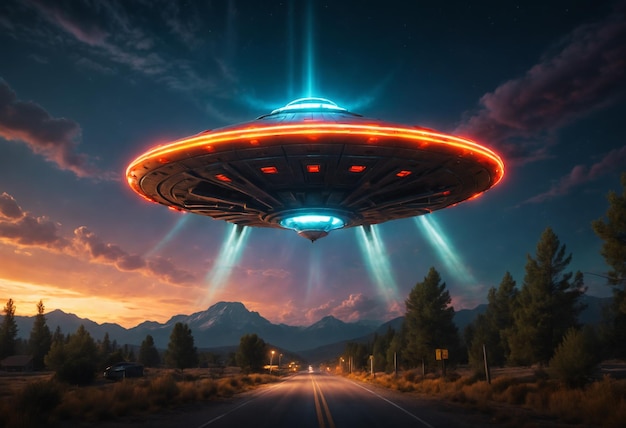 UFO illuminato su un paesaggio IA generativa