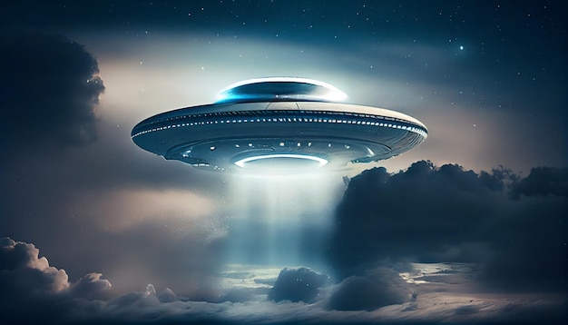 UFO un disco alieno che si libra sopra il campo tra le nuvole che si libra immobile nel cielo Oggetto volante non identificato