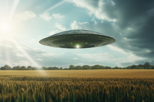 UFO volante sopra un campo di grano verde