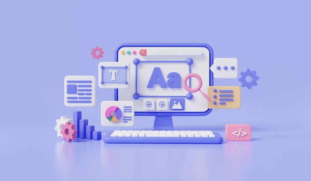 UIUX design on purple background Web development Creating website User interface Front view web building and SEO optimization marketing coding Web design 3d render Illustration Cartoon minimal