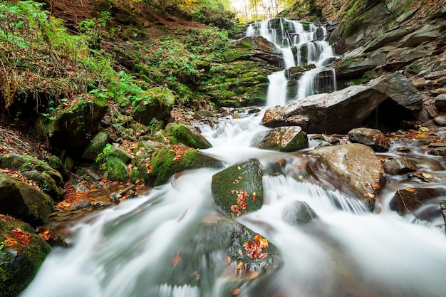 Ukpaine Cascata tra le rocce muschiose Splendido paesaggio rapide su un fiume di montagna nella foresta autunnale nelle montagne dei Carpazi al tramonto Flusso d'argento nel parco nazionale Shypit Carpat Pilipets