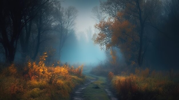 ultimo mese d'autunno Cammino boschivo nebbioso all'alba del primo giorno d'autumno Generativo Ai