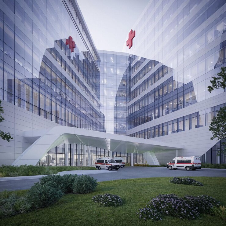 UltraModern Hospital Complex with Futuristic Design and Bold Red Cross